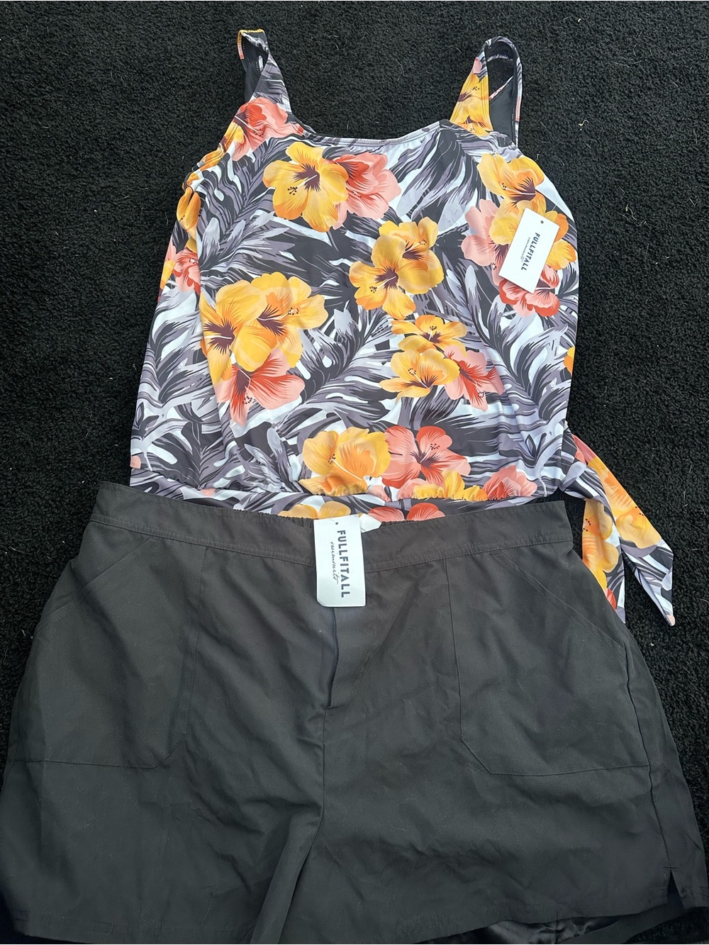 Full Tilt Black Floral Tankini with Yellow & Orange Blooms and Black Swim Shorts